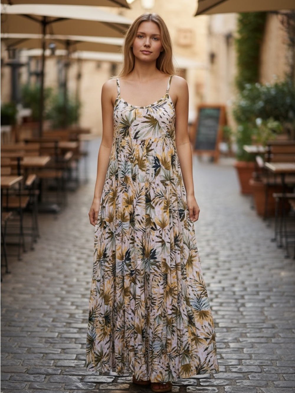 Jessica Simpson Spaghetti-Strap Maxi Dress in Green and Gold Leaf Print